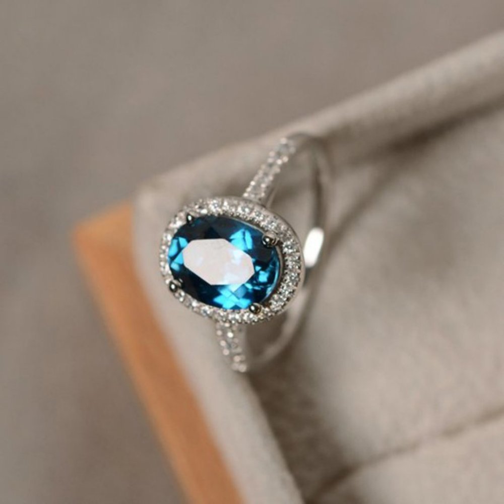 NEW Silver Tanzanite Diamond Halo Oval Cut Ring - Picture 3 of 5